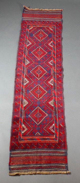 A Meshwani red and blue ground runner with 5 stylised octagons to the centre 