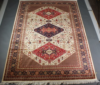 A Belgian cotton Caucasian style carpet with 3 diamonds to the centre 109" x 79" 