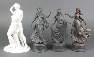 A Wedgwood limited edition figure - The Embrace 545/12500 10 1/2", 3 Wedgwood black glazed Signature Collection figures 9 1/2" 