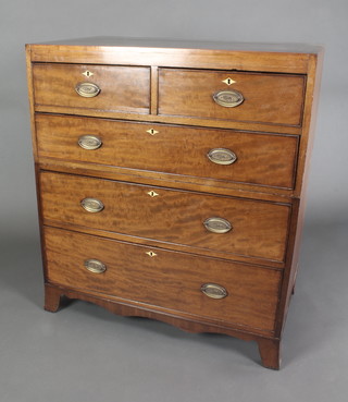 A 19th Century mahogany chest in 2 sections, with inlaid and crossbanded top, fitted 2 short and 3 long graduated drawers with ivory escutcheons and brass plate drop handles, raised on bracket feet 44"h x 39"w x 22 1/2"d 