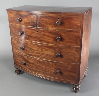 A 19th Century mahogany bow front chest of 2 short and 3 long drawers with tore handles, raised on turned supports 42"h x 42"w x 21"d 