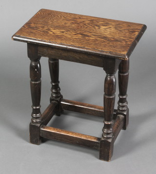 A pair of rectangular oak joined stools, raised on turned supports with box frame stretcher 20"h x 18"w x 11"d 