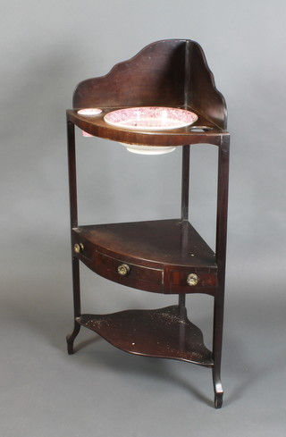 A Georgian mahogany corner wash stand with raised back and 3 bowl receptacles, fitted 3 associated Wedgwood jars, above 1 long drawer with undertier 45"h x 23"d x 16"w 