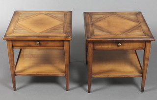 A pair of square yew bedside/lamp tables, fitted 1 long drawer with undertier, raised on square tapered supports 18"h x 18"w x 18"d