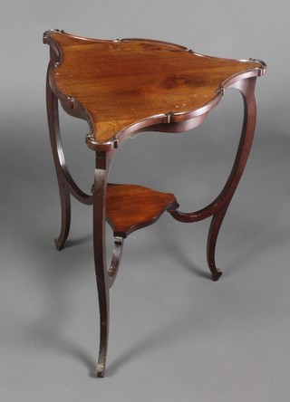 An Edwardian mahogany triangular shaped 2 tier occasional table with undertier, raised on cabriole supports 28"h x 22"w x 20"d 