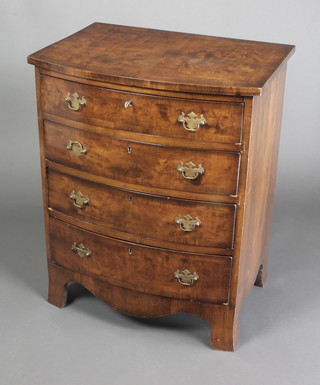 A Georgian style figured  walnut bow front chest with quarter veneered and crossbanded top, fitted 4 long drawers with brass swan neck drop handles, raised on splayed bracket feet 29 1/2"h x 23 1/2"w x 17"d  