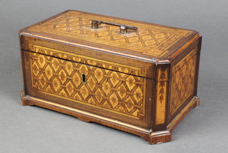 A 19th Century mahogany trinket box, inlaid satinwood and boxwood geometric design, having canted corners and brass handle 4 1/2"h x 9 1/2"w x 5 1/2"d 