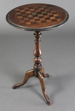 A Victorian mahogany chess table, the top inlaid a chessboard, raised on a turned column and tripod case 27 1/2"h x 17" diam. 