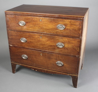 A 19th Century rectangular mahogany chest with crossbanded top, fitted 3 long drawers with brass plate drop handles and escutcheons, raised on bracket feet 35"h x 36"w x 18"d 