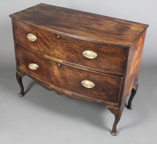 A 19th Century mahogany bow front chest of 2 long drawers with brass oval plate drop handles and shaped apron, raised on cabriole supports 32"h x 40"w x 20 1/2"d (made up) 