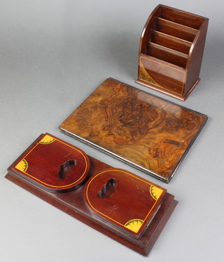 A pair of Edwardian inlaid mahogany expanding bookends 13 1/2"h x 5" x 21" when fully extended together with an inlaid mahogany arch shaped 4 division stationery box 7"h x 5 1/2"w x 4"d and a figured walnut desk blotter 11 1/2" x 8 1/2"