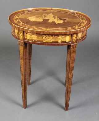 An oval Italian style inlaid mahogany occasional table, the top inlaid a coffee pot with still life book and fruit, fitted 2 drawers, raised on square tapering supports  24"w x 18" 