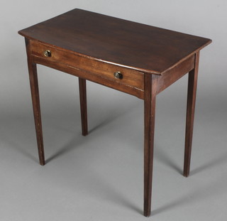A 19th Century mahogany bow front side table fitted 1 long drawer, raised on square tapering supports 29"h x 30"w x 17 1/2"d 