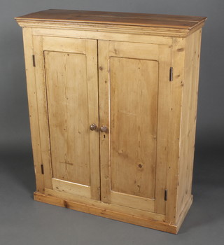 A 19th Century pine cabinet with moulded top and shelved interior enclosed by panelled doors, raised on a platform base 45"h x 38"w x 14 1/2"d 