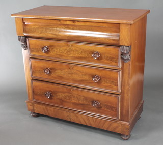 A Victorian mahogany chest fitted a secret drawer above 3 long drawers with tore handles and vitruvian scrolls and columns to the side, raised on bun feet 43"h x 44"w x 21"d 