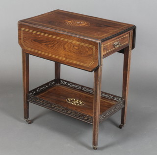 An Edwardian inlaid rosewood rectangular 2 tier drop flap tea trolley, fitted a drawer, heavily inlaid throughout 28"h x 24"w x 15" x 28" when fully opened 