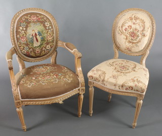 A French style open arm salon chair with carved limed wood frame and Berlin seat,  raised on turned and fluted supports together with a similar standard chair (back leg f and r) 
