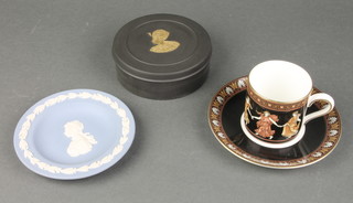 A Wedgwood blue glass table bell, 4 circular Wedgwood blue Jasperware dishes 4", do. trinket box decorated HM The Queen 3 1/2", 1 other 4" and items of Wedgwood Jasperware