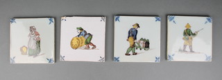4 Delft pottery tiles decorated figures 5"
