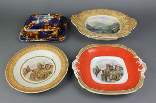 A Victorian Majolica style sardines dish and cover 8" (f and r), 2 Pratt Ware twin handled dishes and a circular Pratt Ware plate (all f) 