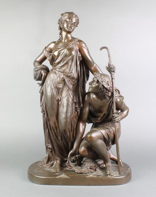 Etienne Henri Dumaige, French 1830-1888, a bronze figure group of a classical lady with attendant offering a garland of flowers 20"h 