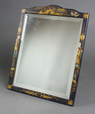 A 1930's rectangular bevelled plate easel mirror contained in a black lacquered arched chinoiserie style frame 14" x 11" 