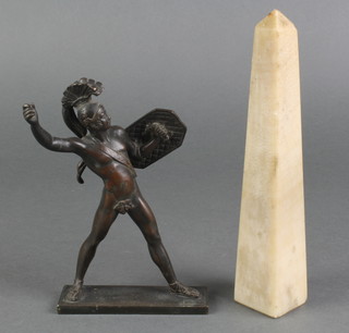 A bronze figure of a standing Greek warrior 6 1/2" (sword missing) together with a marble obelisk 8" 