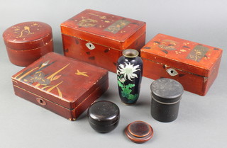 A 19th Century Japanese black ground cloisonne vase decorated flowers 4 1/2", 4 Chinese red lacquered boxes