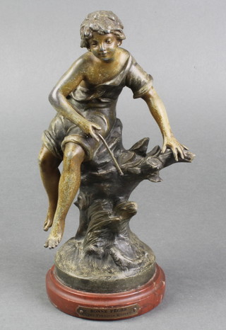 A 19th Century spelter figure of a seated boy with fishing rod (f), raised on a socle base marked Bonne Peche Francois Moreau 9" 