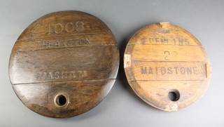 A circular wooden barrel end marked 1008 Theakston Mash, 16"  and 1 other Fremlins Maidstone 15 1/2" 