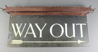 An Art Deco glass and metal hanging double sided Way Out sign, reputedly removed from the Odeon Herne Bay 10" x 20 1/2" 
