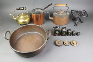 Benham, a 19th Century circular copper saucepan with iron handle, a copper kettle, brass teapot, twin handled preserving pan and various weights