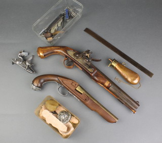 2 part built reproduction flintlock pistols with 10 1/2" barrels together with a copper powder flask bowl 