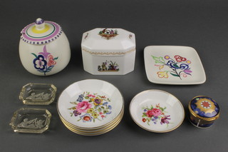 A circular Poole Pottery preserve jar and cover 3", ditto rectangular dish with floral decoration base marked VF 4 1/2", a Worcester jar and cover 3", 4 circular Royal Worcester dishes 4", 1 other, a Millennium pill box, a pair of glass intaglio cut pin trays 2" 