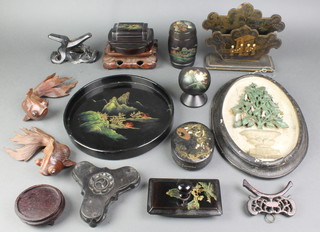 A 19th Century twin section black lacquered letter rack with chinoiserie decoration (some chips), 2 Chinese carved hardwood figures of carp 7" and other lacquered items 