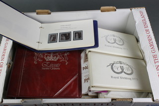 A Stanley Gibbons 1972 Royal Silver Wedding album of various Commonwealth mint stamps, 2 Stanley Gibbons 1973 Royal Wedding stamp albums containing Commonwealth, a Stanley Gibbons Royal Event album and various loose leaves of presentation stamps etc 