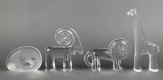 Mats Jonasson, a glass sculpture of a seal 3" base signed and 3 other glass sculptures of a lion 3", stylised antelope 4" and a giraffe 7" 