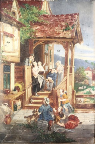 19th Century Continental oil painting on canvas, study of cavorting figures standing within a stepped porch with children playing 16" x 10 1/2" 