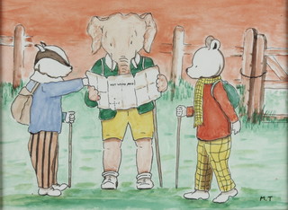 Watercolour illustration of Rupert The Bear with three standing figures with map, monogrammed MT 7" x 9" 