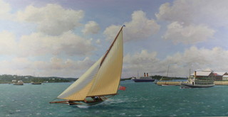 Mark Boden '97, oil on canvas, a study of boats, ships and liners in Hamilton harbour, signed and dated 22" x 43" 