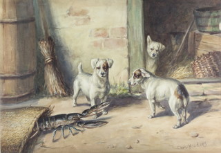 Chris Meadows, watercolour "The Bogey Man" study of terriers encountering a lobster 14" x 19" 