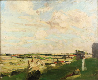 Philip Connard, British 1875-1958, an impressionist oil on board "Open Landscape", study of a female figure on downs, unsigned, with David Messum gallery label to the reverse, 14" x 17" 