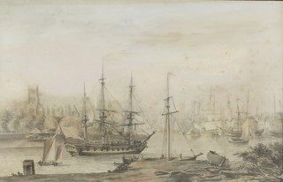 Nicholas Pocock, a set of 6 18th Century aquatints of shipping scenes around Bristol 10" x 15" with black and gilt mounts, some foxing