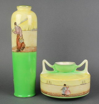 A Royal Doulton circular twin handle vase decorated Dutch harbour scenes 4", impressed 8669, chip to rim and a similar elongated vase 11" 