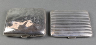 An Art Deco silver engine turned cigarette case, an earlier ditto with scroll decoration, gross 165 grams