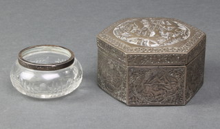 A Persian silver hexagonal box, the repousse decoration with deer, rabbits and birds 3 1/2" and a silver mounted salt