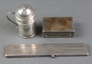 An Edwardian silver vesta 1 3/4", a silver miniature shaker and a ditto comb 
