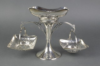 An Edwardian style pierced silver epergne with centre dish flanked by a pair of baskets of waisted stem 6 1/2" 