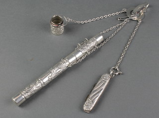A silver chatelaine clip with a repousse pencil holder and pencil, a thimble holder and associated thimble and a pocket knife 