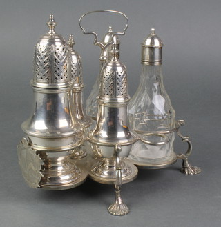 A Georgian design silver plated 5 piece cruet comprising 3 shakers and 2 mounted oil bottles 